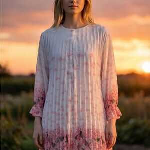 chic Pink Pleated Floral Tunic Top